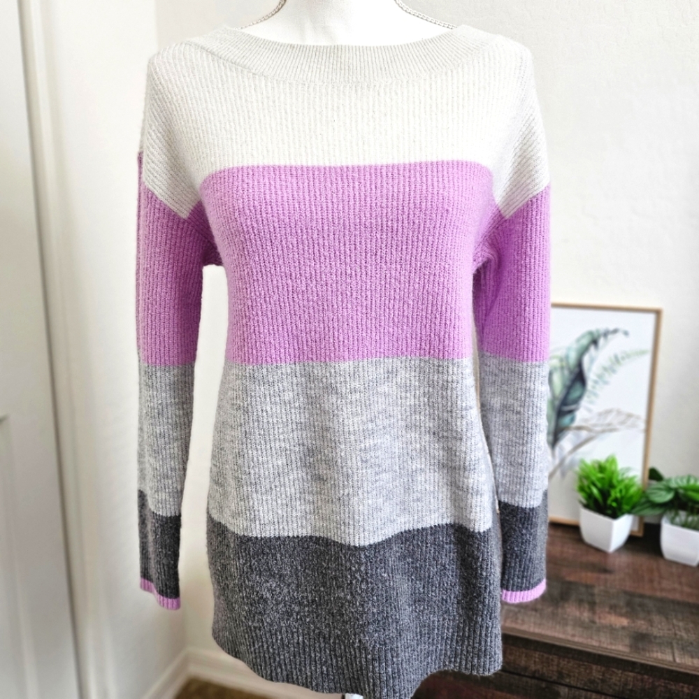 Talbots Women's Colorblock Sweater Pink, Gray, and White Medium Petite